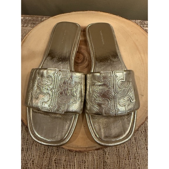 Tory Burch Double T Sport Slide Leather Sandals Gold Spark Sz-9.5 298$ - Picture 2 of 14
